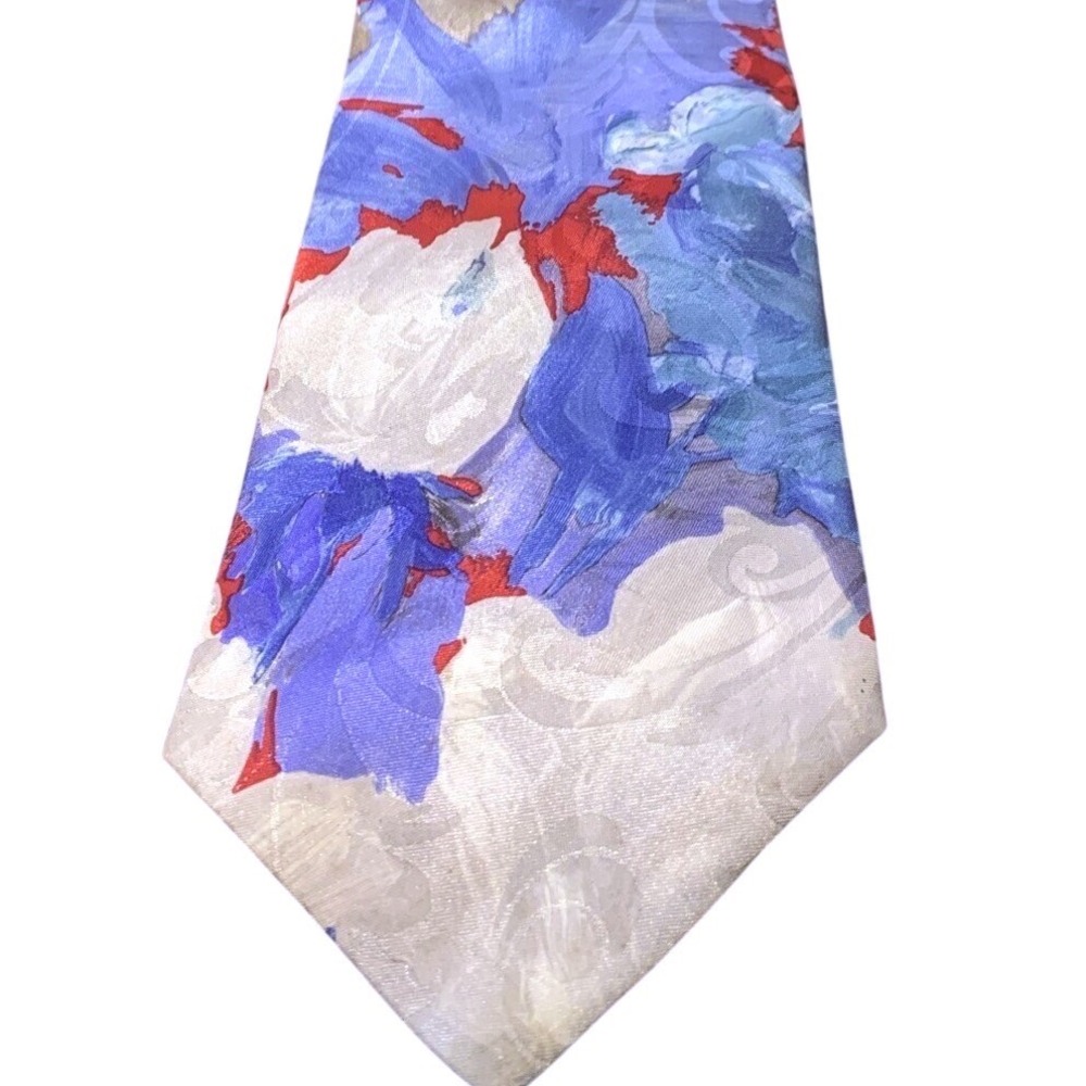 Ketch Classics Mens Floral Necktie Blue Red Impressionist Painterly Wide Tie